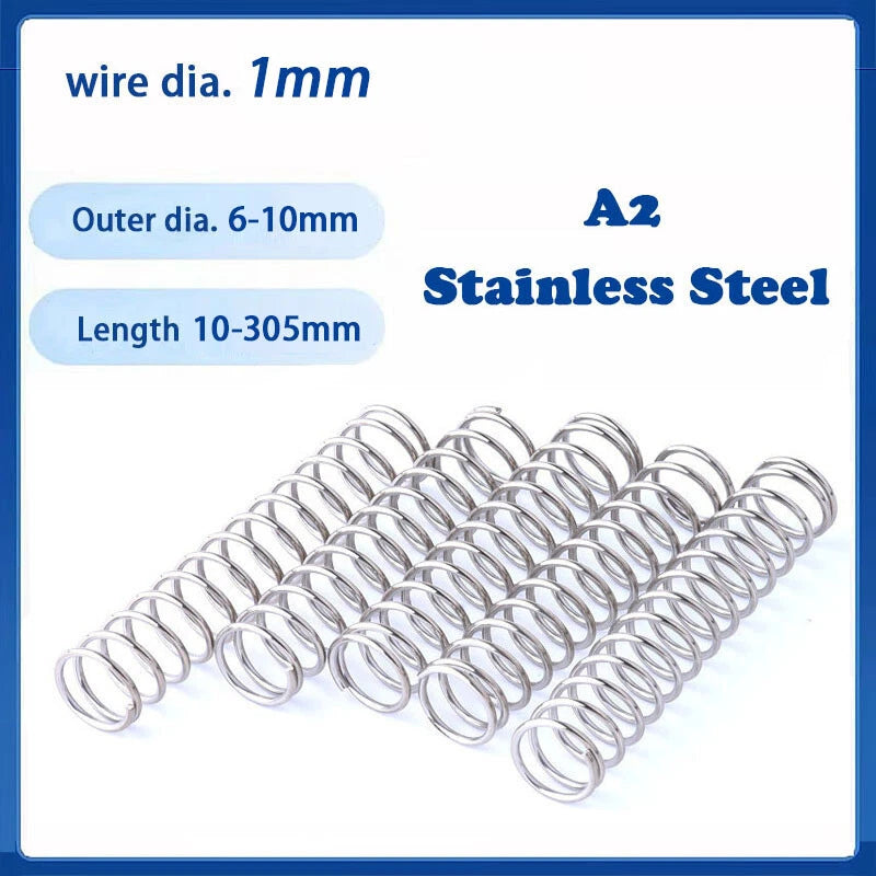 Compression Spring 1mm Wire Dia 6-10mm Dia 10-305mm Length A2 Stainless Steel