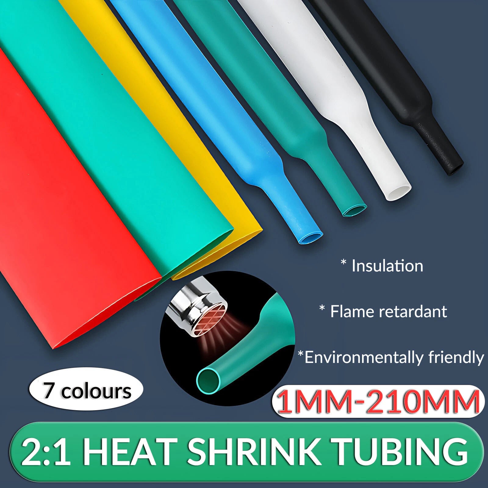 2:1 Heat Shrink Tubing – Electrical Cable Sleeving, Dia. 1mm–210mm, 7 Colors