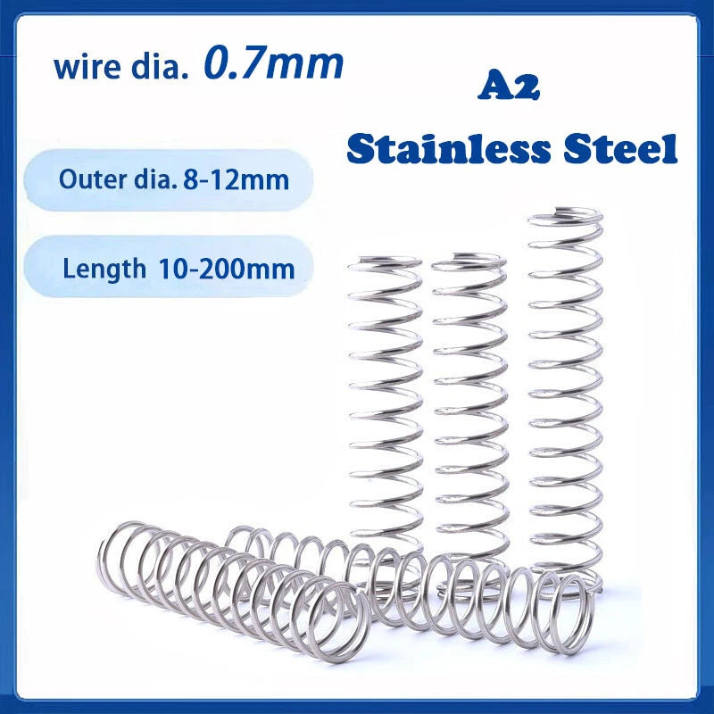 Compression Spring 0.7mm Wire Dia 8-12mm Dia 10-200mm Length A2 Stainless Steel