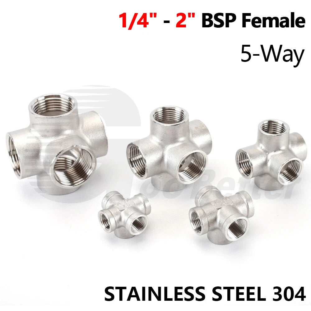 BSP Female 5-Way Pipe Fitting – Stainless Steel Elbow Connector Adapter, 1/4" to 2"