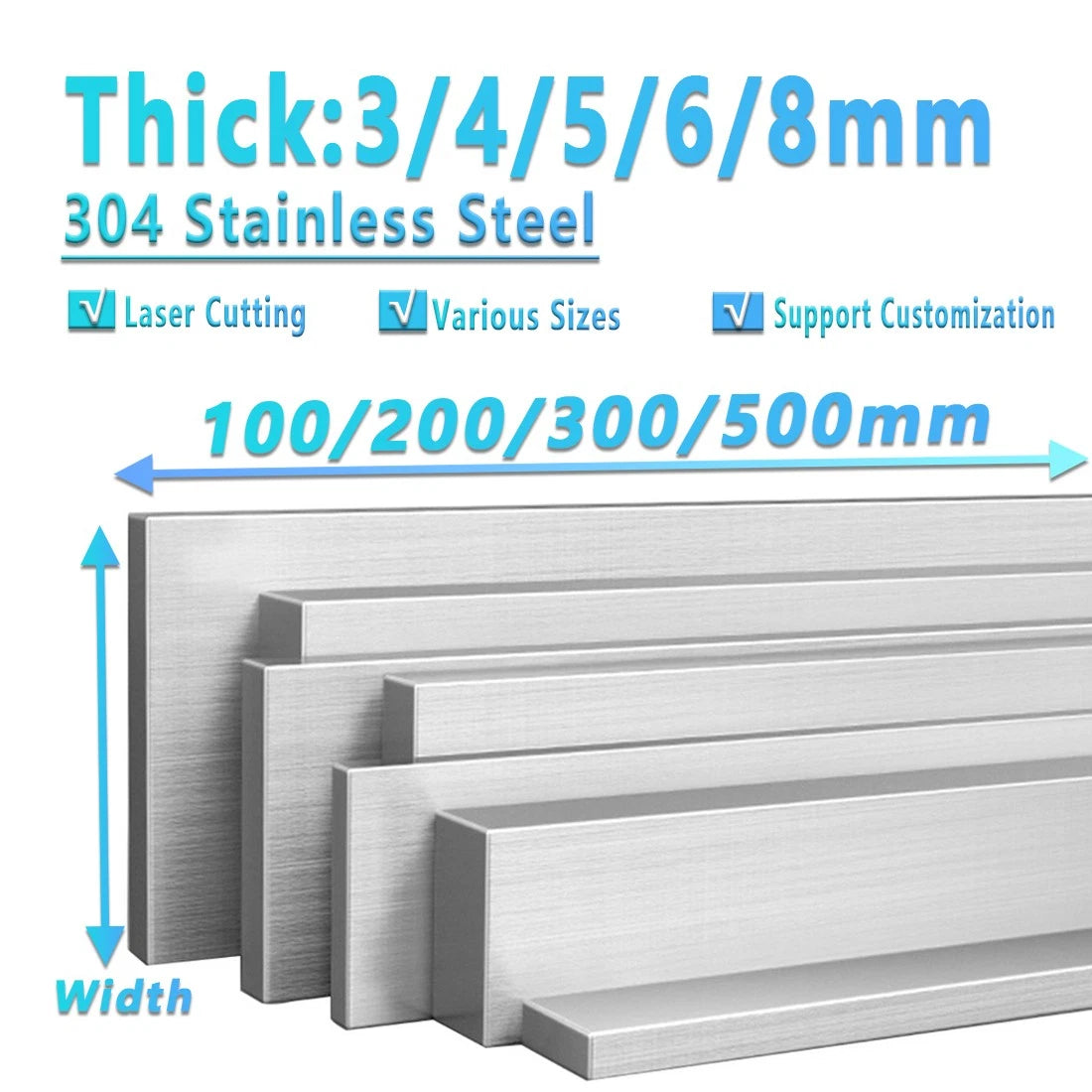 Stainless Steel Flat Bar Plate Grade 304 Various Size & Length 100/200/300/500mm