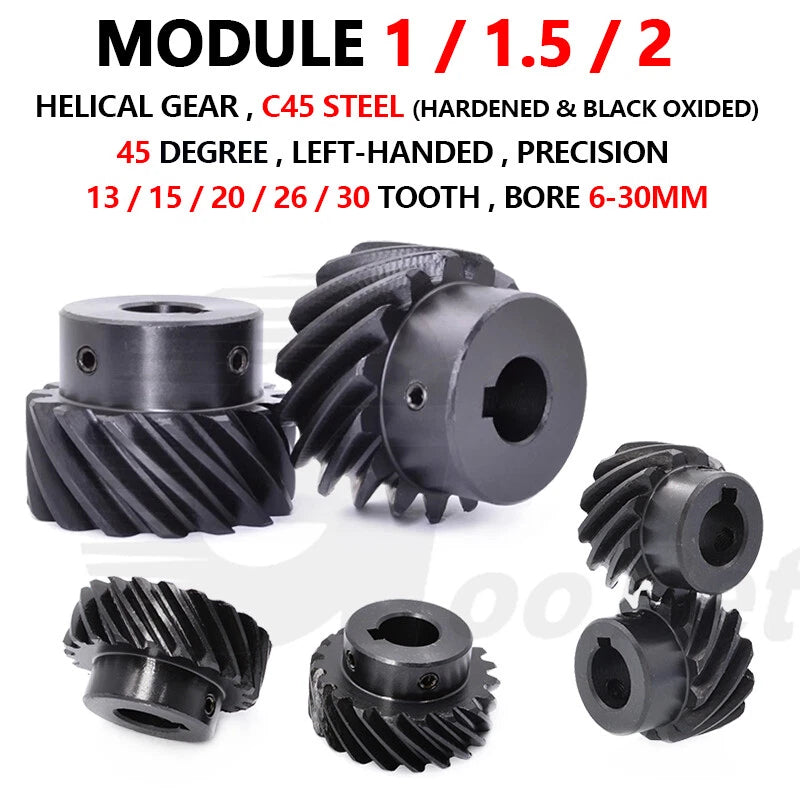 Module 1 1.5 2 Helical Gear C45 Steel Left-handed 45° 13 - 30 Tooth Motor Pinion