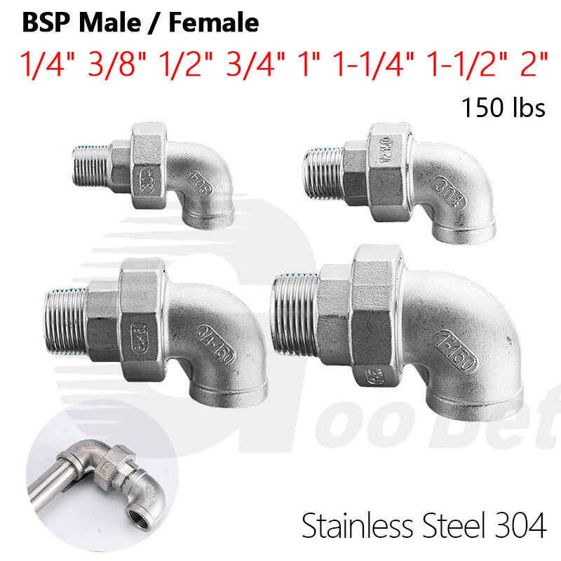304 Stainless Steel 90° Union Elbow BSP 1/4"–2" Male Female Pipe Fitting Adapter