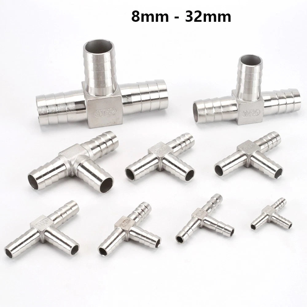 Stainless Steel T Hose Barb Tee Connector — 8mm to 32mm, Water & Gas Pipe Fitting