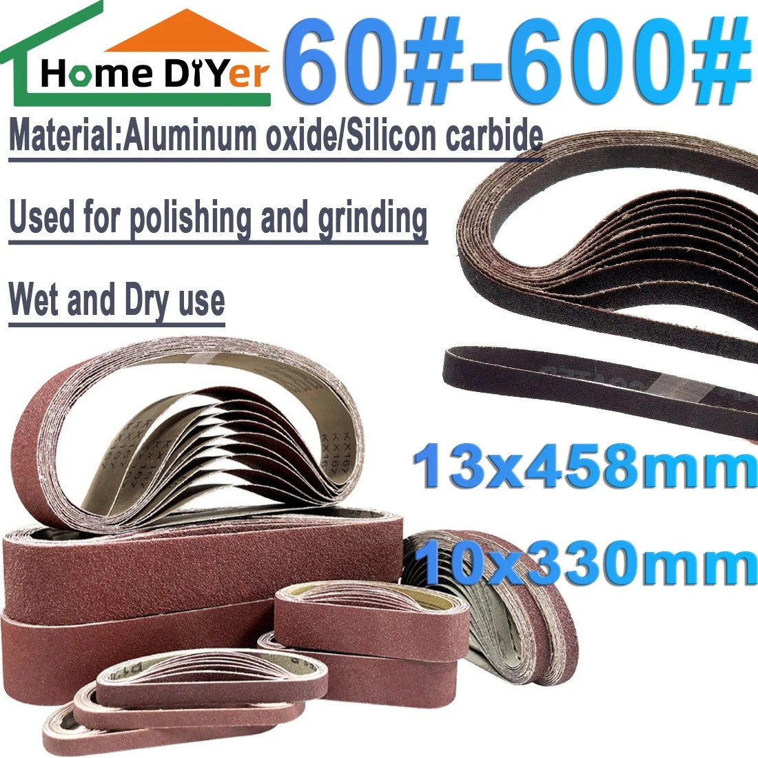 13x458mm 10x330mm Aluminum Oxide Sanding Belts — P60 to P600 Grit for Portable Belt Sanders