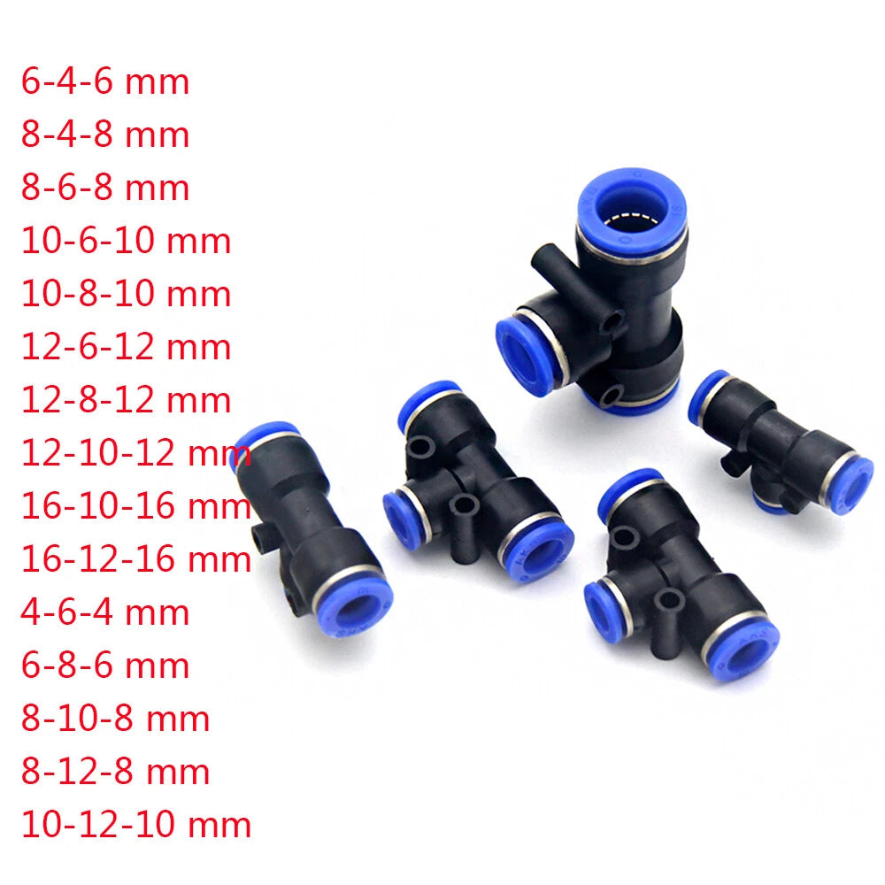 Reducer Tee Push-In Fittings for Pneumatic Air Tube — 4 to 16mm