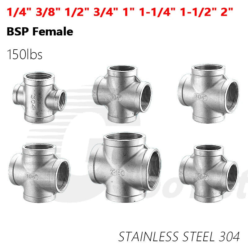 Stainless Steel Cross 4-Way Pipe Fitting | BSP Female Thread | 1/4" to 2"