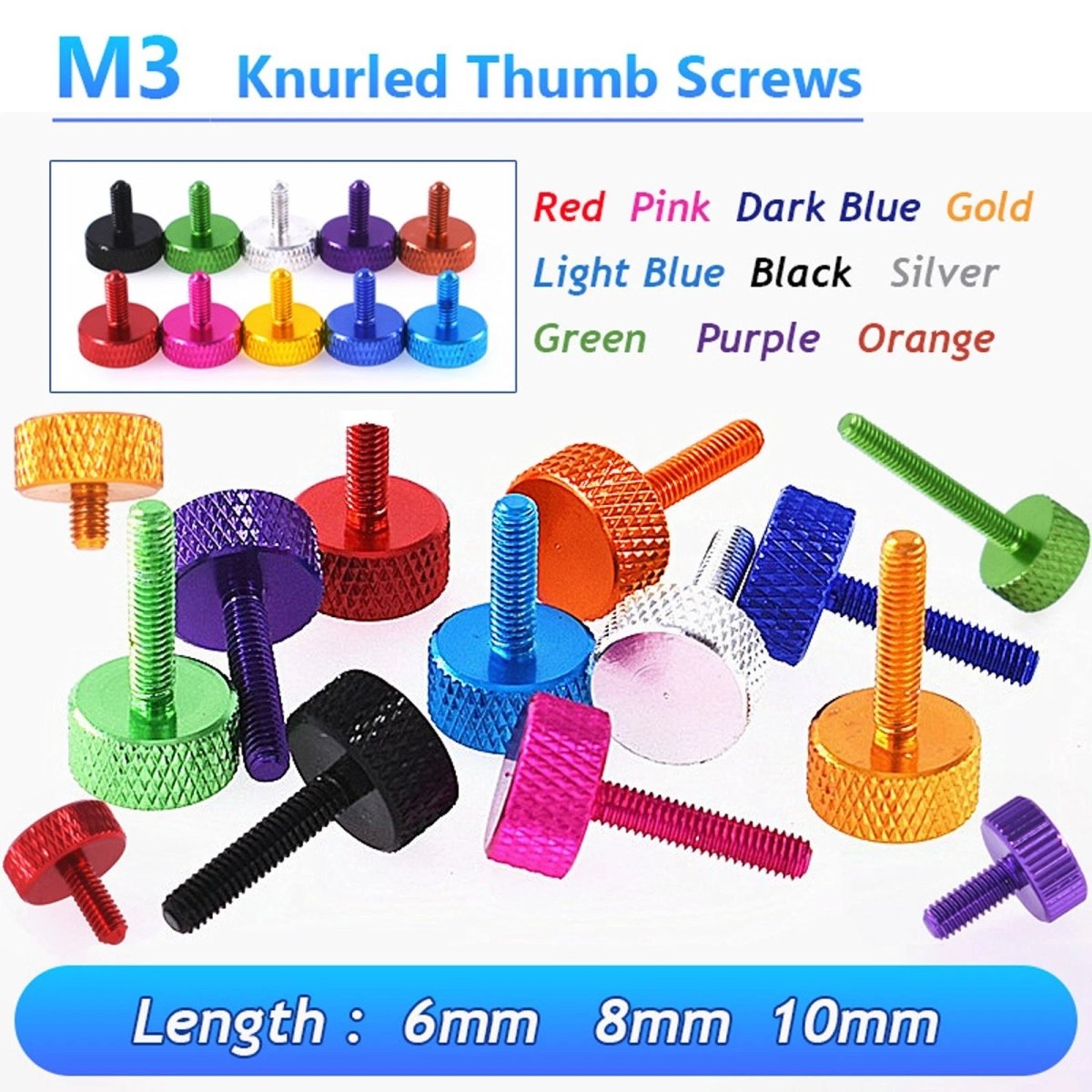 M3 Aluminum Knurled Thumb Screws | 10 Colors | 6mm 8mm 10mm | Hand Tighten Grip Knob Bolts - HomeDIYer