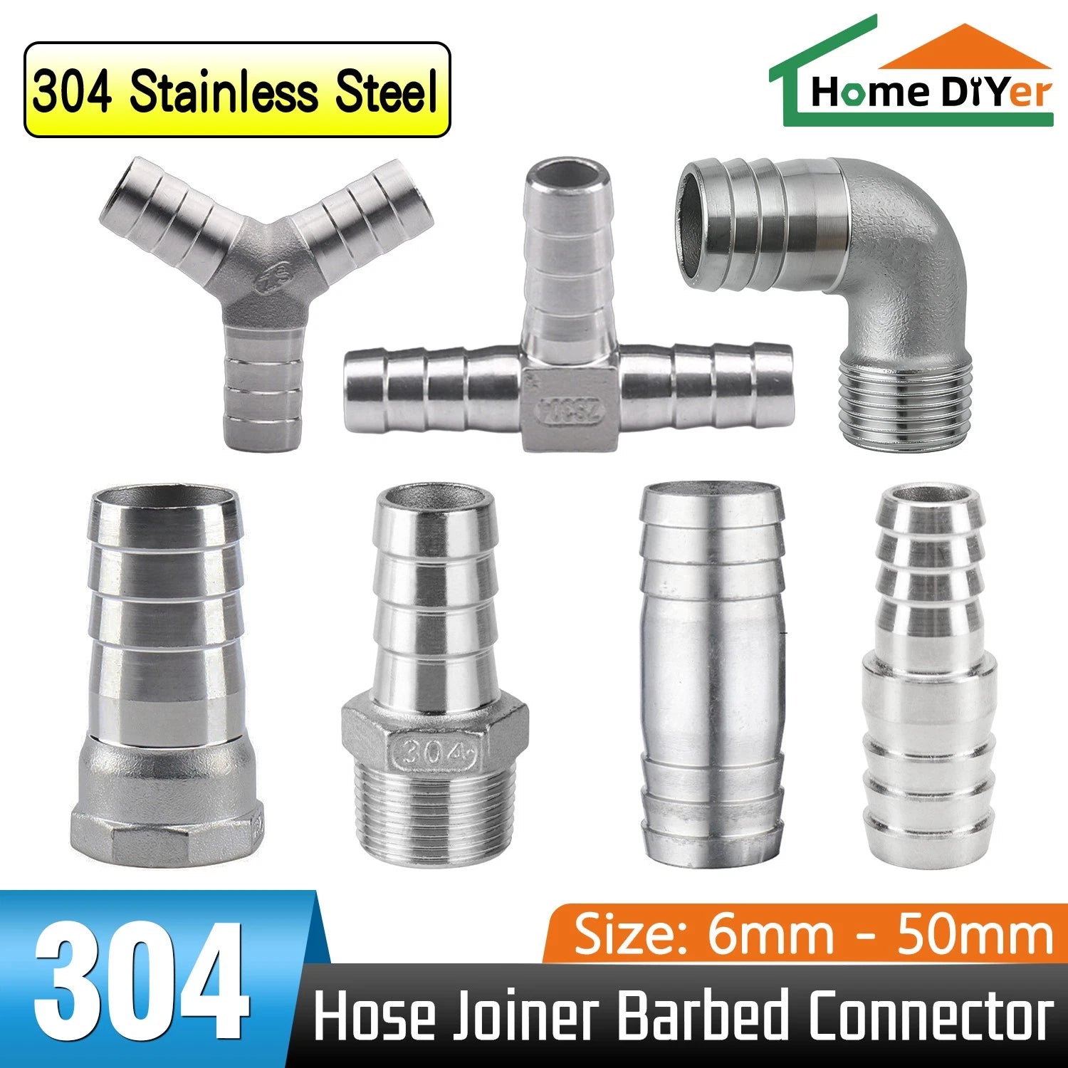 304 Stainless Steel Hose Barb Fittings — Taper Thread x Hose Tail Connectors