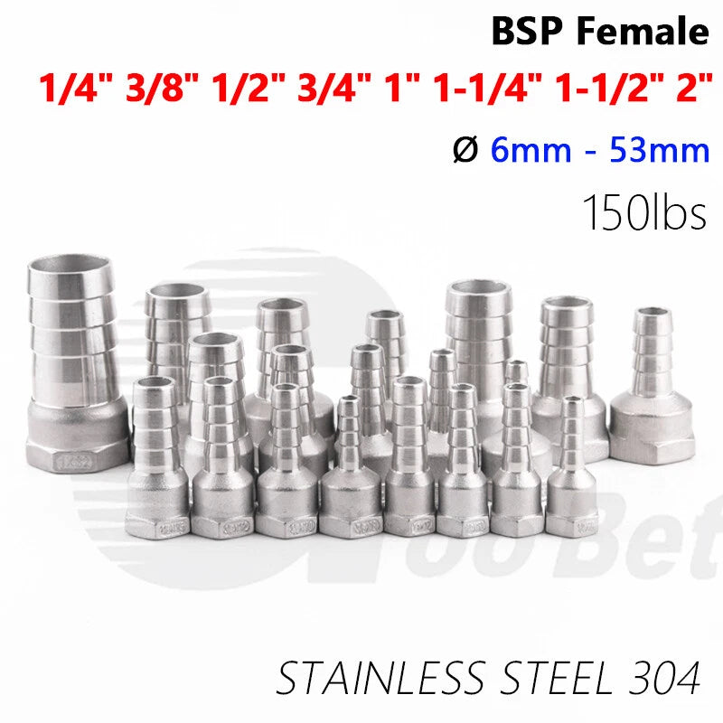 BSP Female Thread Barb Hose Tail Joiner — Stainless Steel Connector, 1/4" to 2"