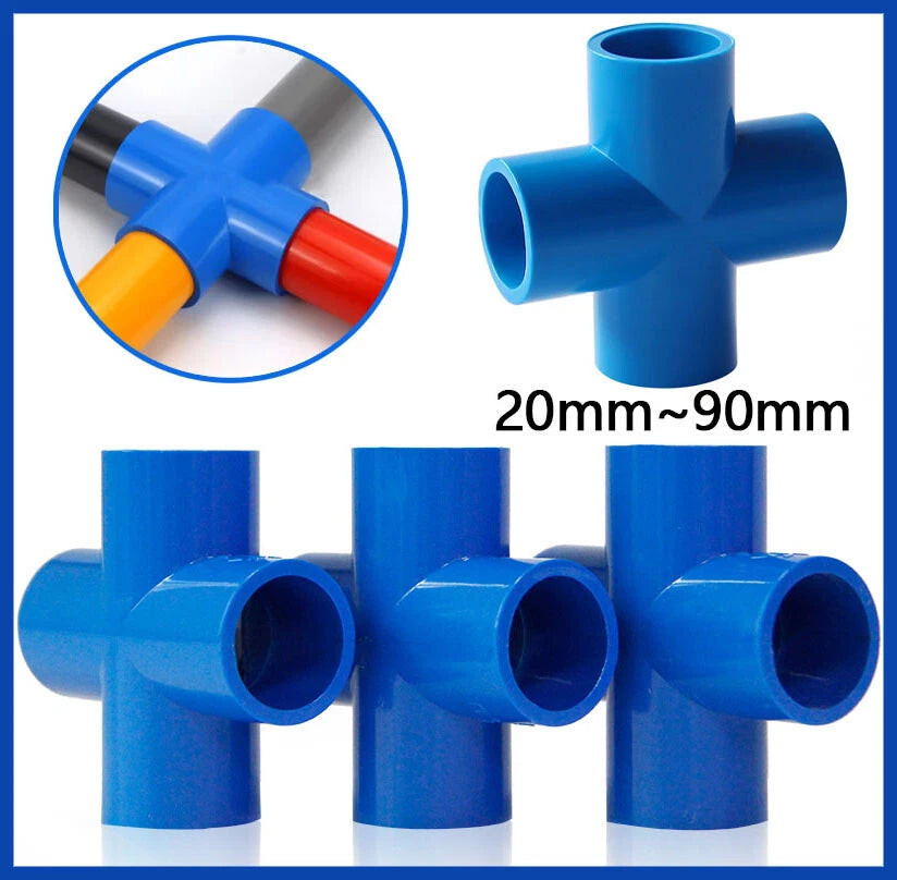 PVC 4-Way Blue Equal Water Connector Coupling Pressure Pipe Fittings 20mm~90mm