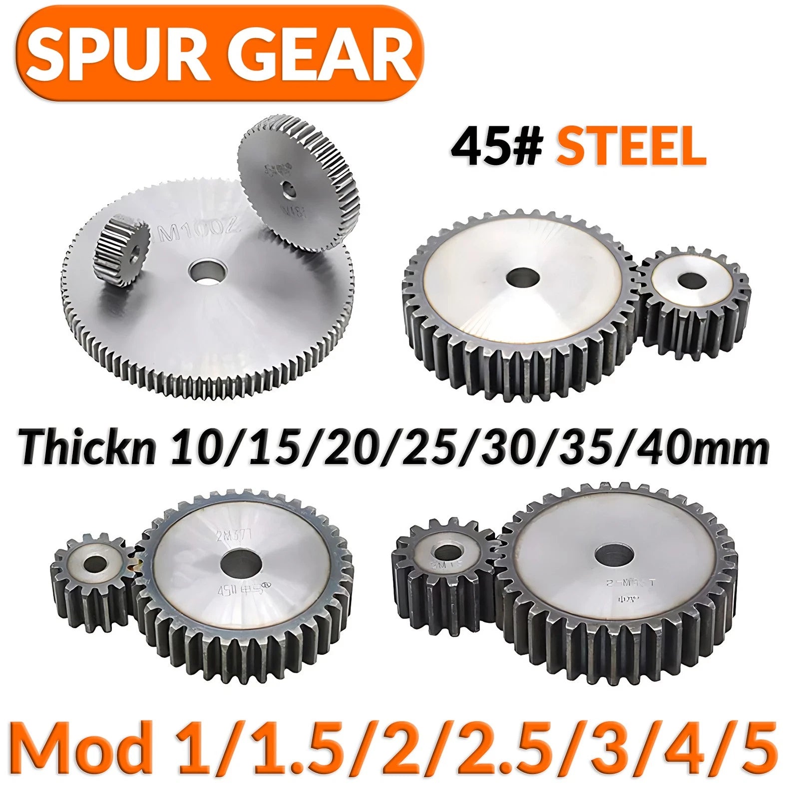 Mod 1/1.5/2/2.5/3/4/5 10T-50T Spur Gear 45# Steel Pinion Gear Thickn 10/15-40mm
