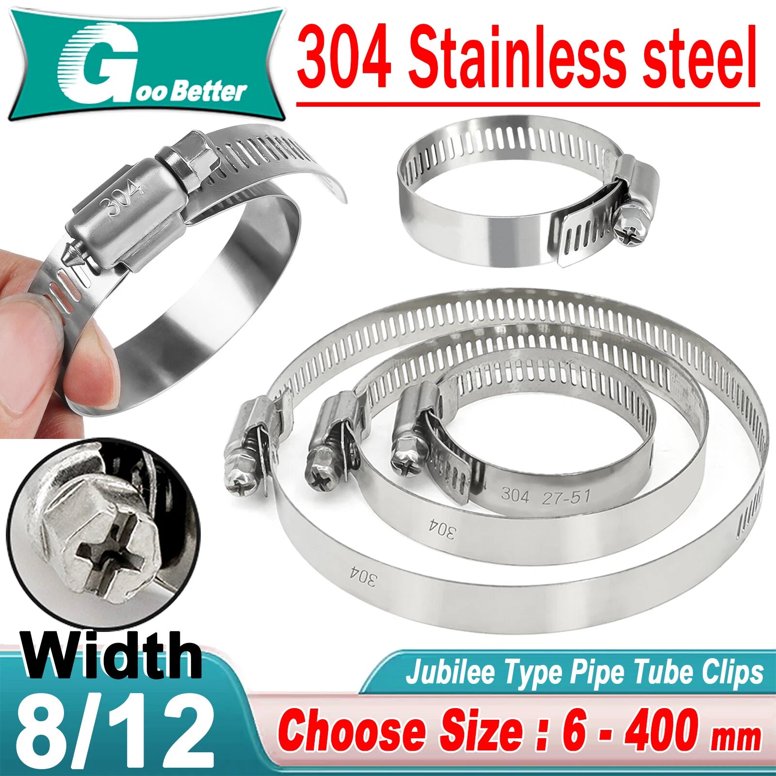 304 Hose Clips Pipe Clamps - range 6mm to 400mm - jubilee type - Phillips Screws