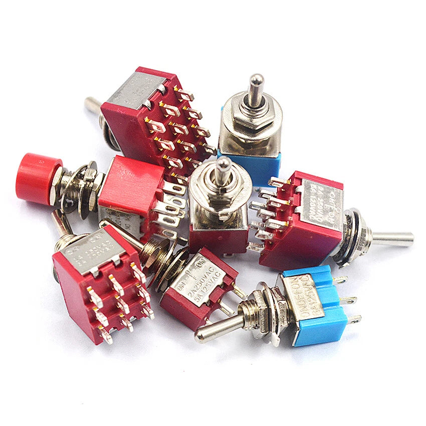 MTS & PS Series Mini Toggle Switch — 3/6/9/12 Pin, 2-Way/3-Way, Red & Blue