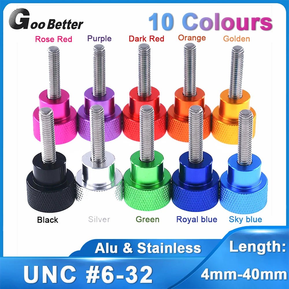 #6-32 UNC Knurled Thumb Screws — Aluminum & Stainless Steel, Hand Grip Knob Bolts