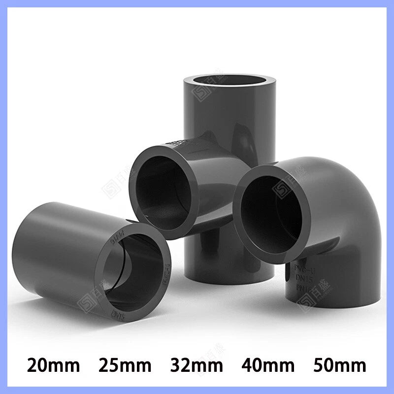 UPVC PVC Pipe Fittings Tee Straight Elbow Plumbing Couping ID 20-50mm Dark Grey