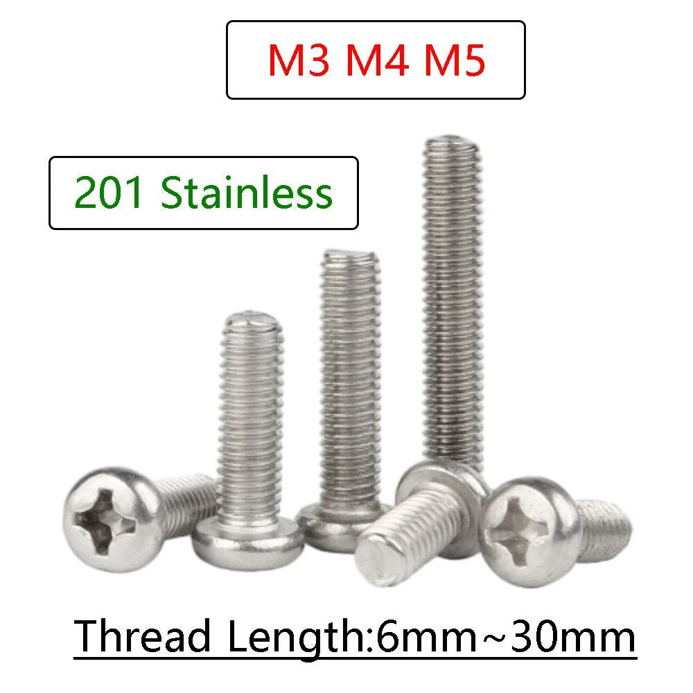 M3 M4 M5 Phillips Round Pan Head Machine Screws – 201 Stainless Steel, 6–30mm Lengths - HomeDIYer