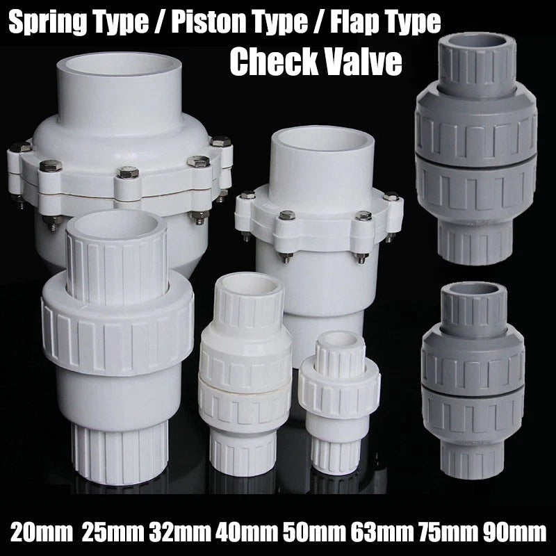 PVC One-way Spring Piston Flap Check Valve Pipe Fittings Ø 32 40 50 63 75 90mm