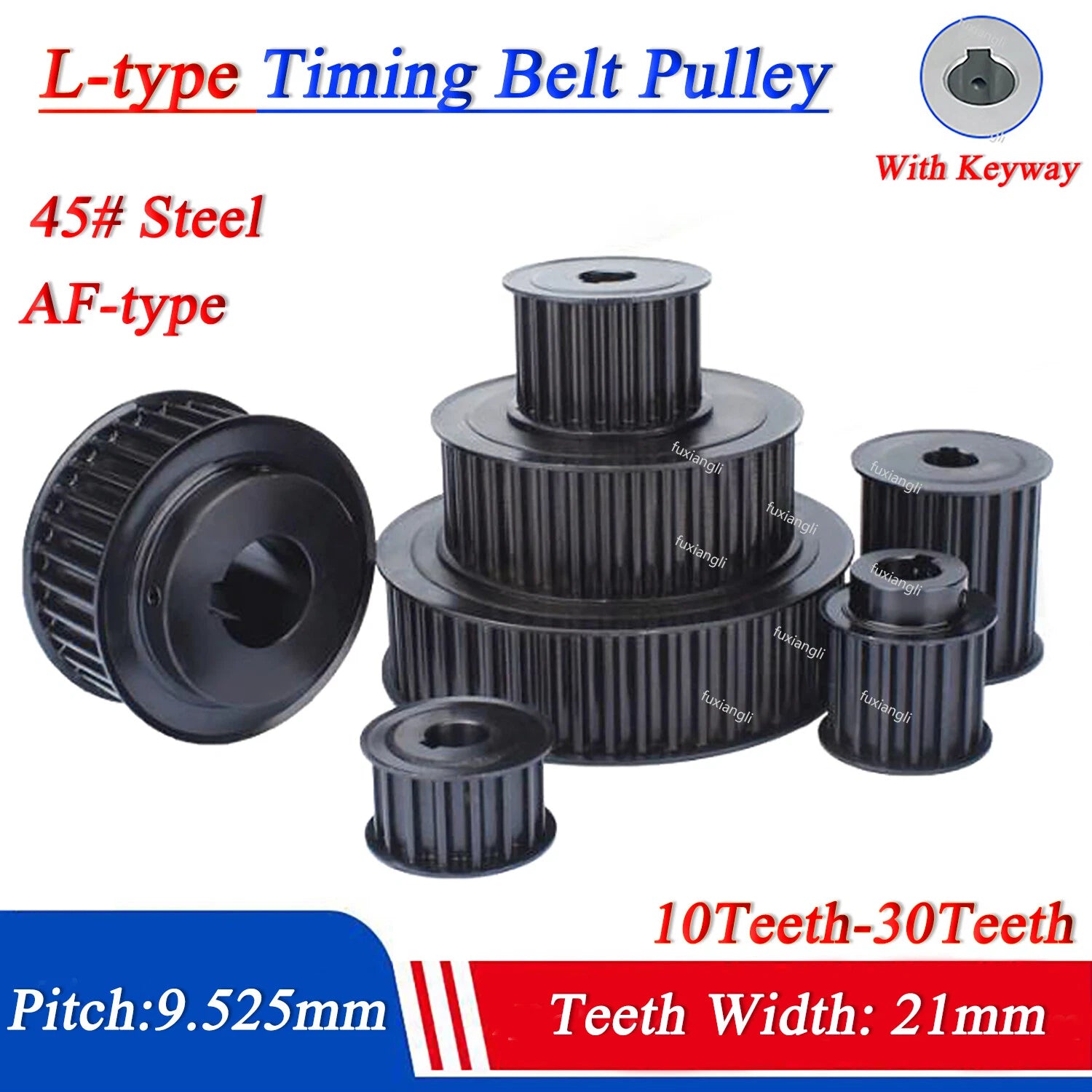 L-type 10T-30T Timing Belt Pulley Pitch 9.525mm With Keyway 45# Steel Width 21mm