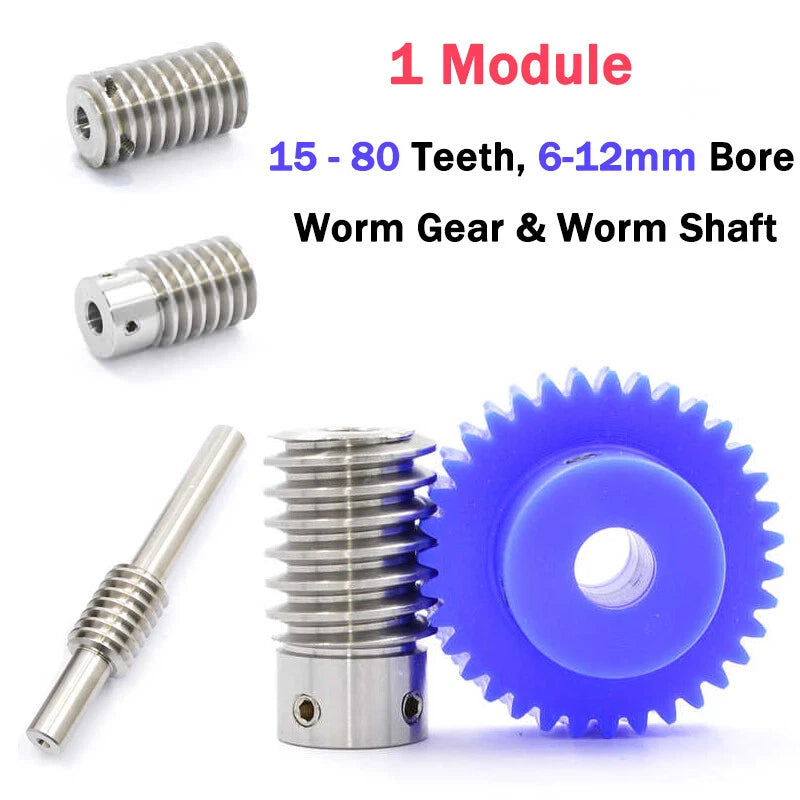 1 Module Nylon Precision Worm Gears 15 - 80 Teeth Worm Gear Wheel  & Worm Shaft