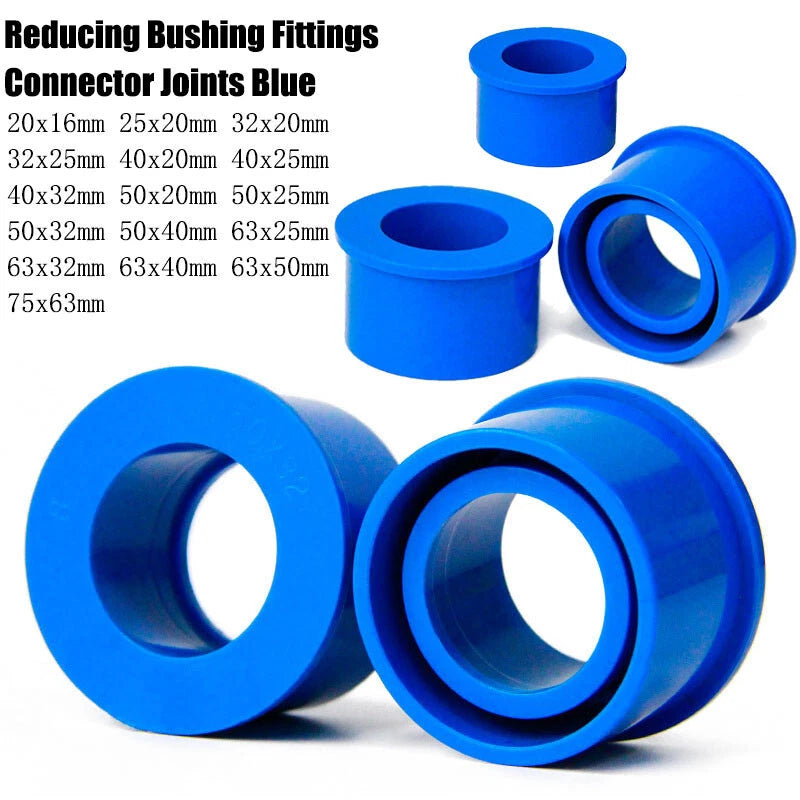 20mm to 75mm PVC Pipe Eccentric Reducing Bushing Fittings Connector Joints Blue