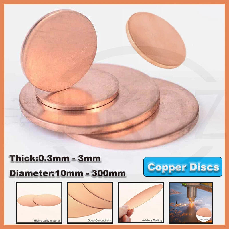Solid Pure Copper Discs Blanks Round Plate Metal Sheet OD 10-300mm Thick 0.3-3mm