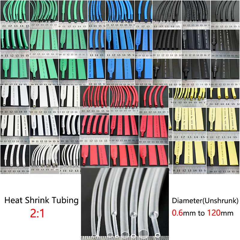 Heat Shrink Tubing 2:1 Ratio — 0.6mm to 210mm, Multiple Colors & Lengths