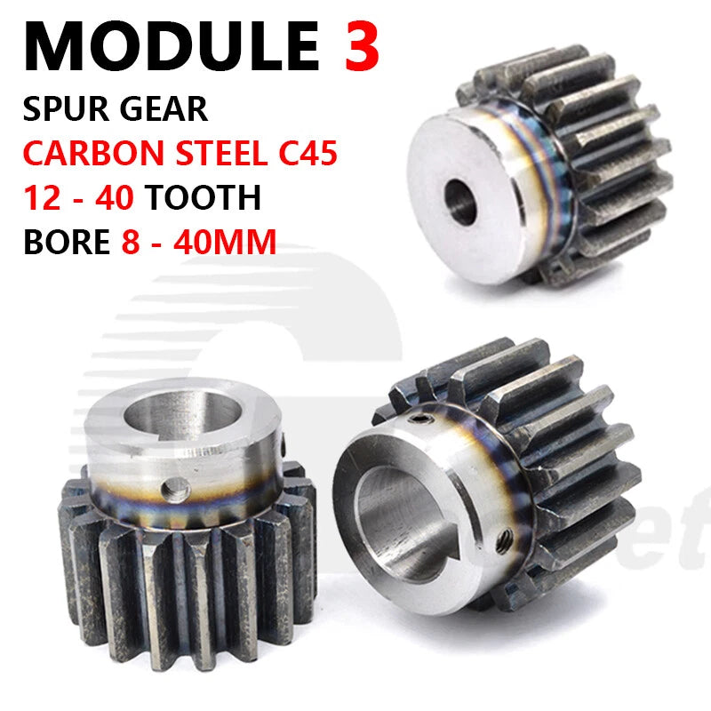 Spur Gear C45 Steel Mod 3 with Hub 12-40 Tooth Motor Pinion Hardened 8-40mm Bore