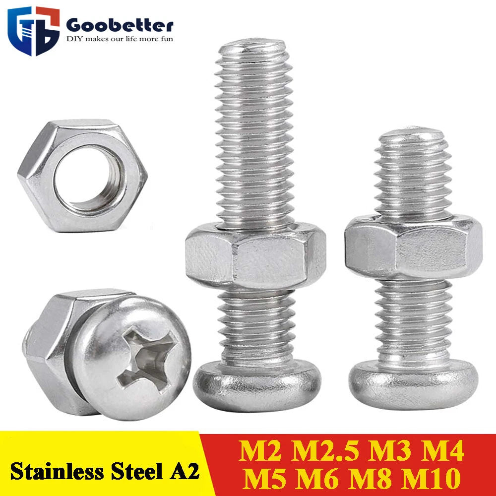 A2 Stainless Steel Pan Head Phillips Machine Screws + Nuts Set – DIN 7985, M2 to M10 (3–100mm Lengths)