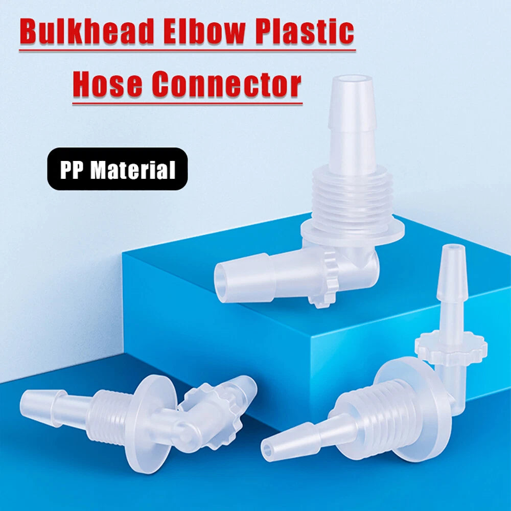 Bulkhead Elbow Barbed Hose Connector — Plastic Pipe Fitting with Thread Adapter, Nut & Gasket