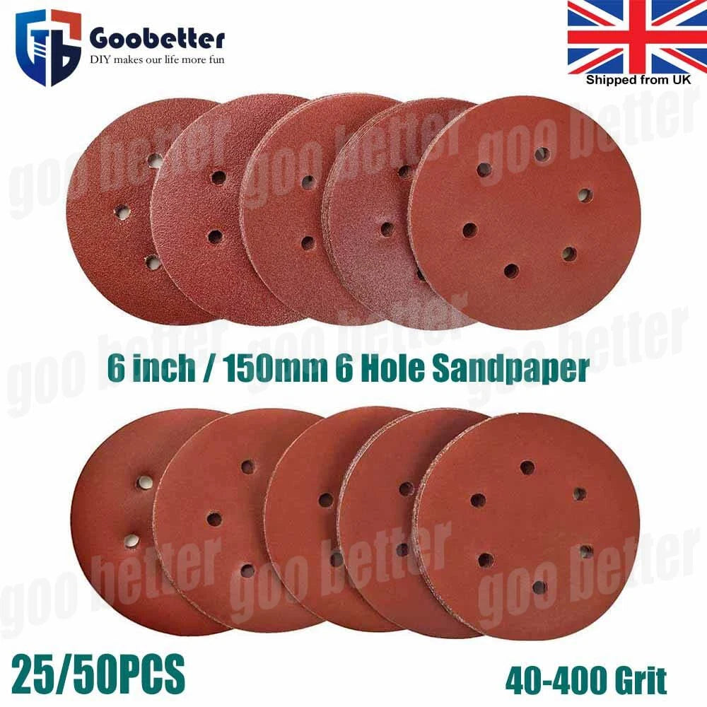 150mm 6 Inch  Sanding Discs 6 Hole Sandpaper 40-400 Grit Orbital Sander Pad