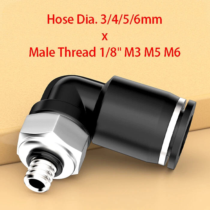 Male Thread Elbow Push-in Pneumatic Fitting | Micro Swivel Air Hose Connector
