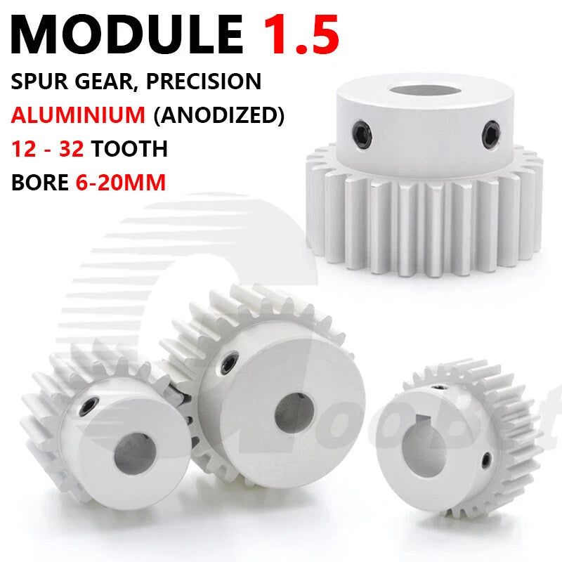 Spur Gear Aluminium Mod 1.5 with Hub 12- 32 Tooth Pinion Motor Gear Bore 6-20mm