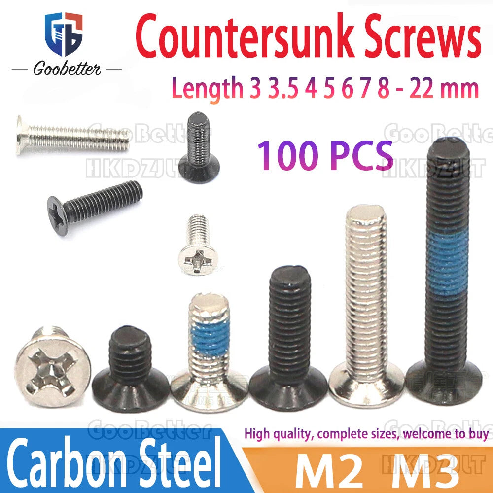 M2 & M3 Countersunk Pozidriv Machine Screws – Carbon Steel, Nickel or Black Zinc (3–22mm Overall Length)