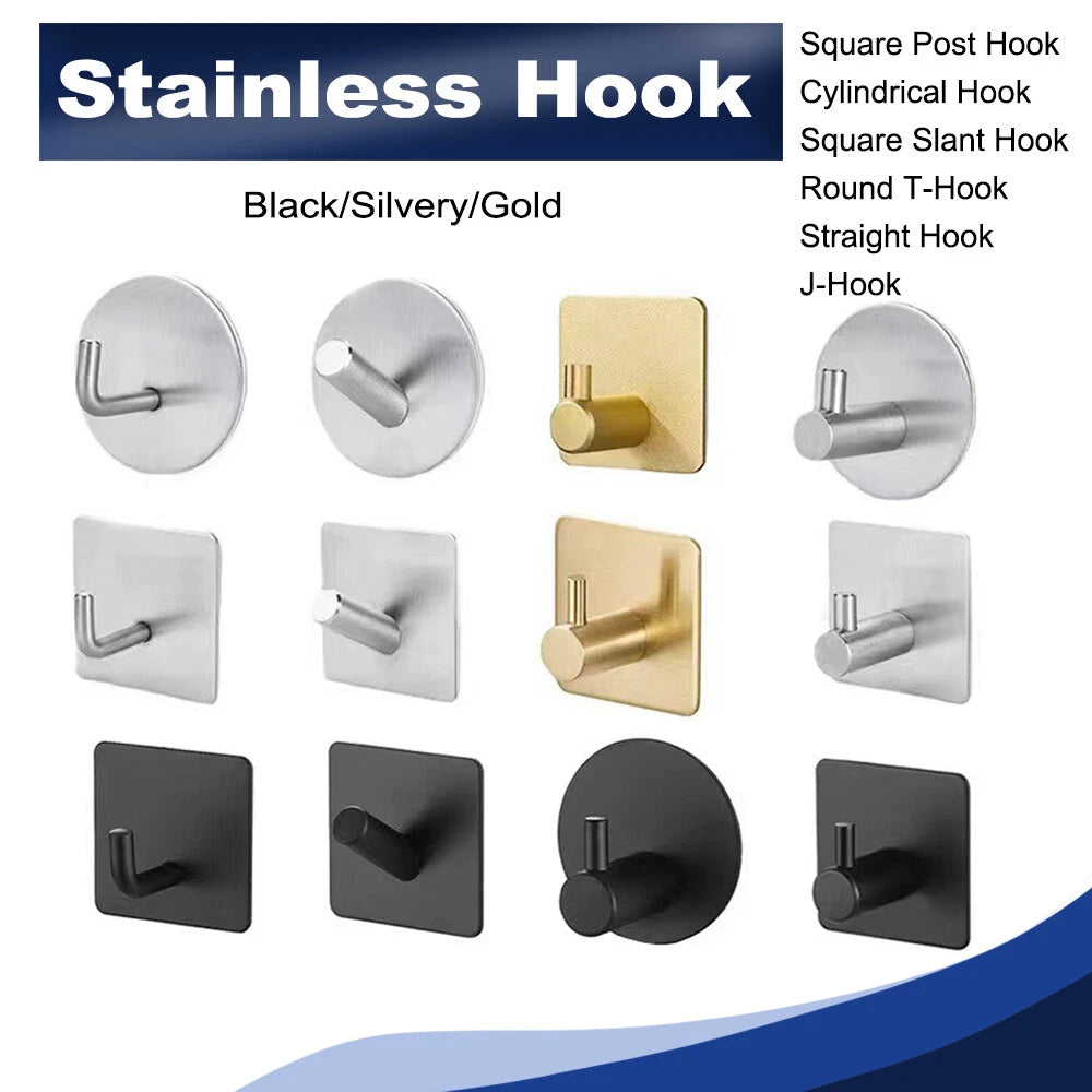 No Drill Self Adhesive Hooks Hanger Stainless Sticky Wall Hook Black/Silver/Gold