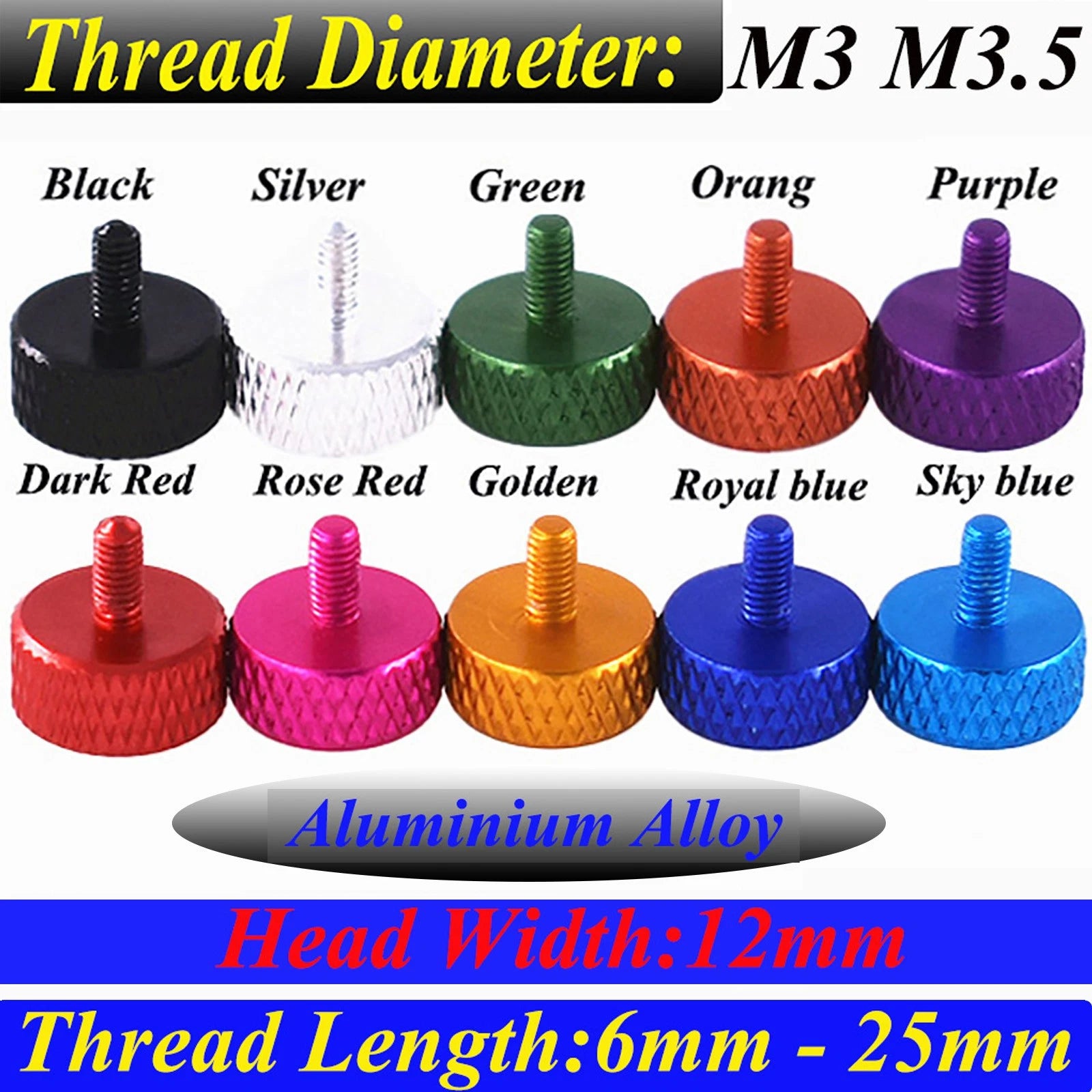 Colorful Thumb Knurled Screws M3 M3.5/6mm - 25mm Hand Tighten Grip Knob Bolts