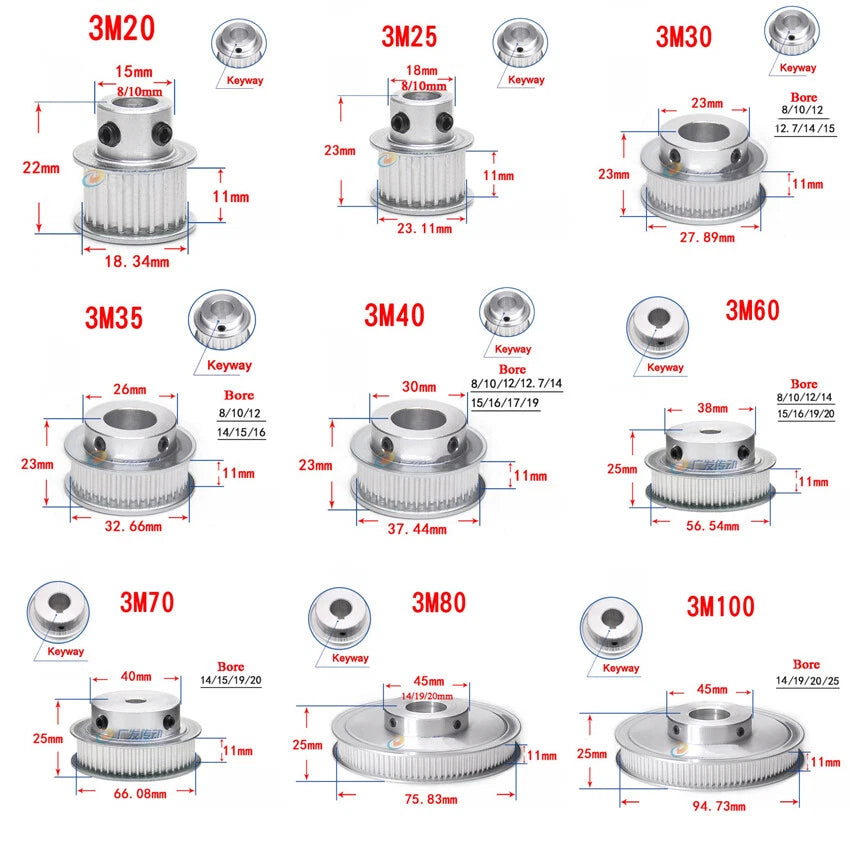 3M 20T-100T Timing Belt Pulley With Step/Keyway, Bore 8-25mm,For 10mm Width Belt
