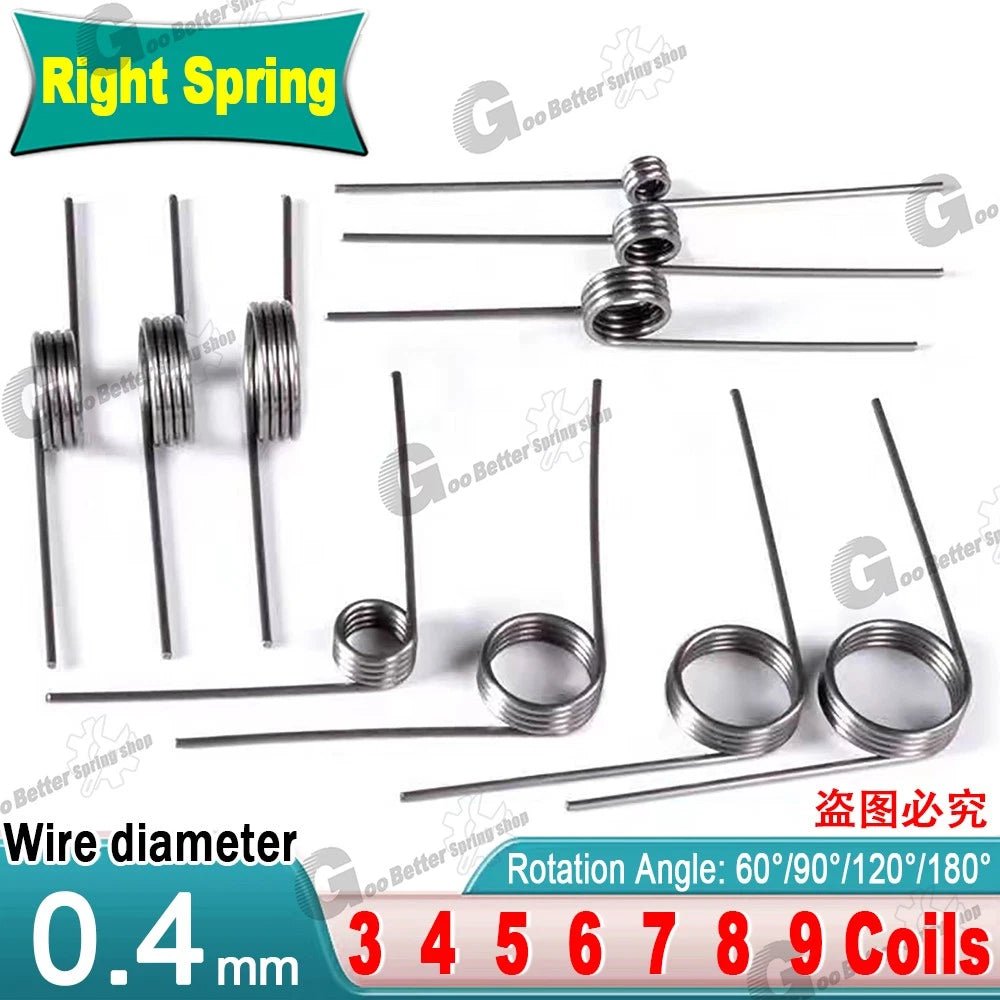 Torsion Spring (pack of 10), 0.4mm Wire diameter, 3mm - 6mm OD, Right spring