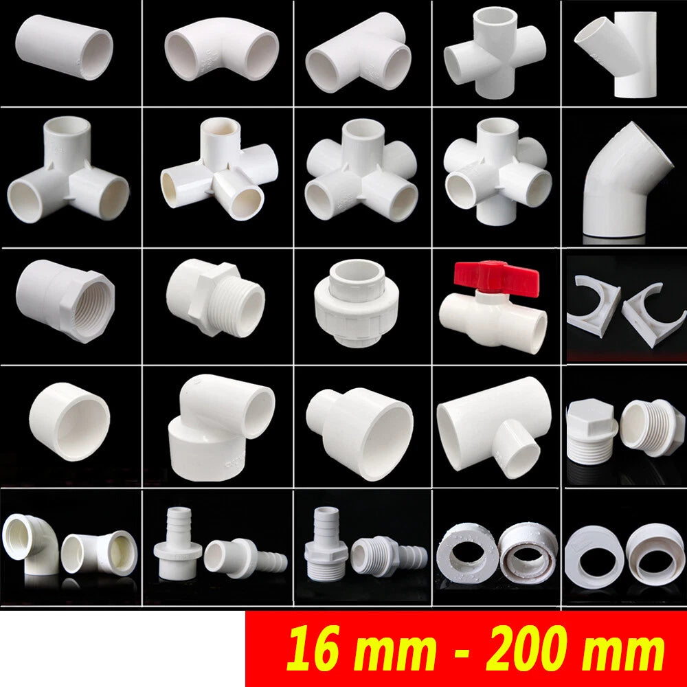 White PVC Pipe Adhesive Fittings Sleeves Bend Elbow Tee Reducer Caps Ball Valve