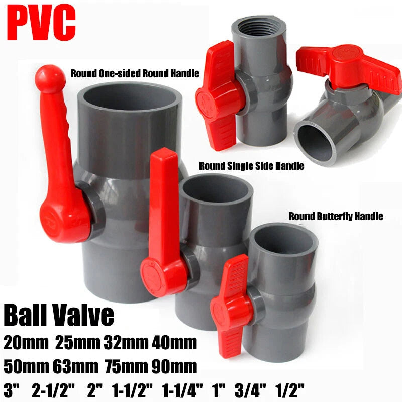 PVC Pipe Fittings 20mm-90mm Ball Valve Socket Solvent Weld-Female Thread Grey