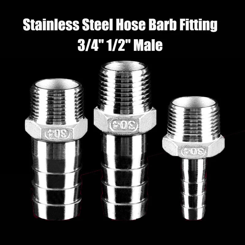 BSP Stainless Steel Male Hose Barb Fitting — 1/2" & 3/4" to Barb Connector