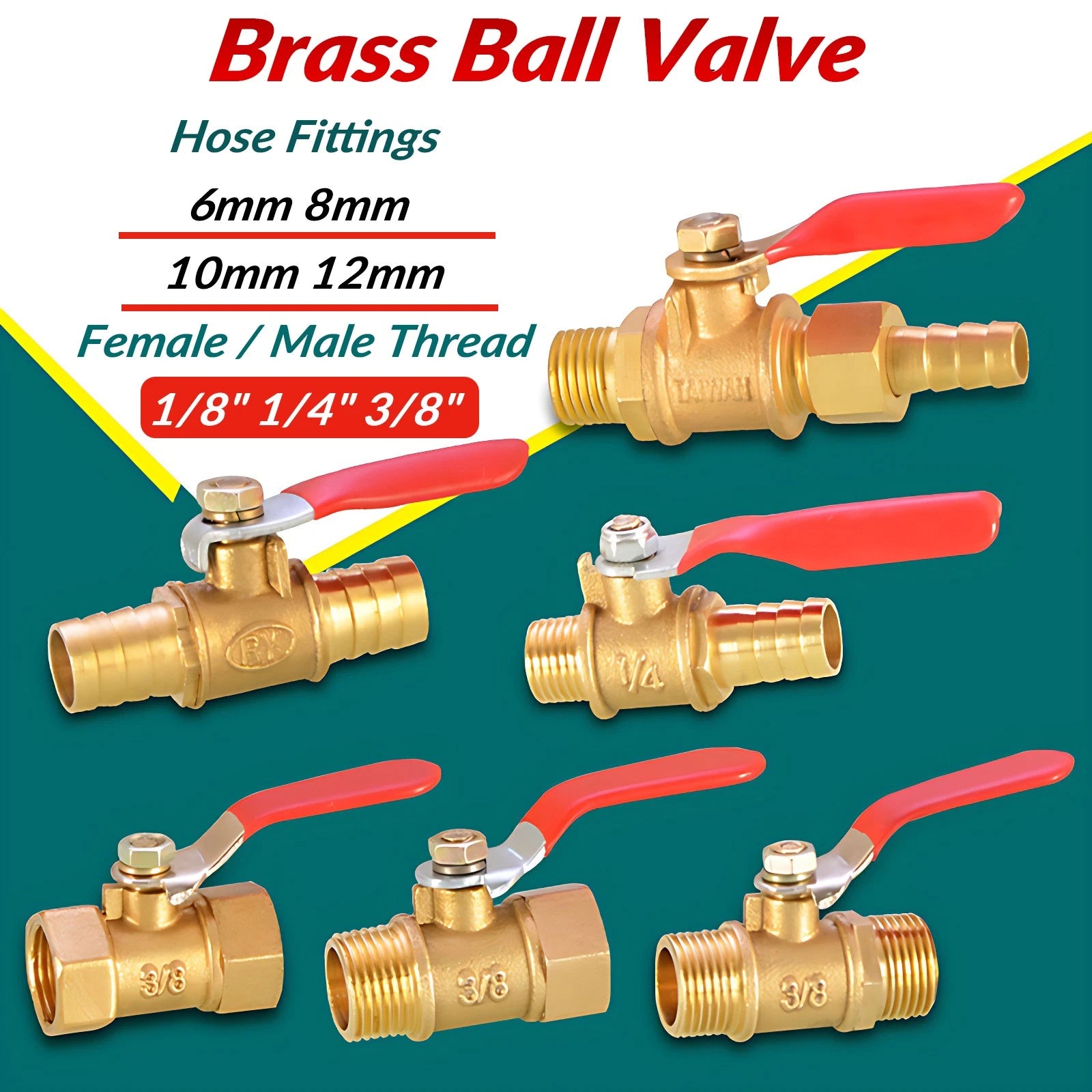 Brass Ball Valve Shut-Off Fittings — 1/8" 1/4" 3/8" NPT & Metric Barb