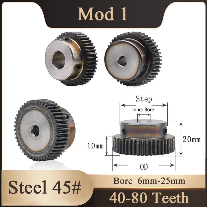 Steel 45# Mod 1 Spur Pinion Gear 40-80 Teeth Motor Gear 6-25mm Bore With Screw