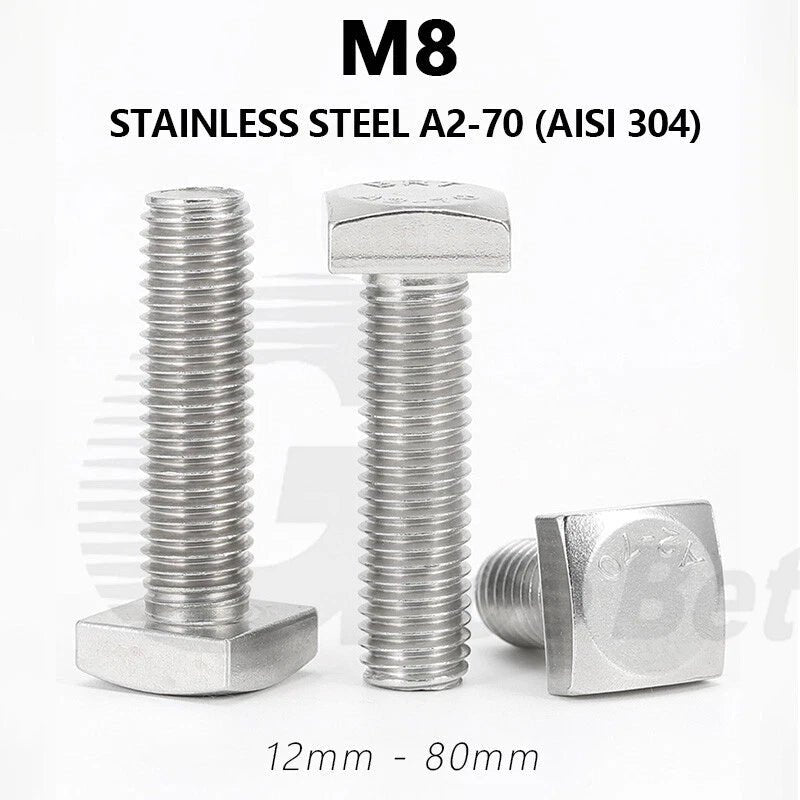 M8 T - Bolt Square Head Bolt for T - Slot Aluminum Profile — Stainless Steel A2 304 - HomeDIYer