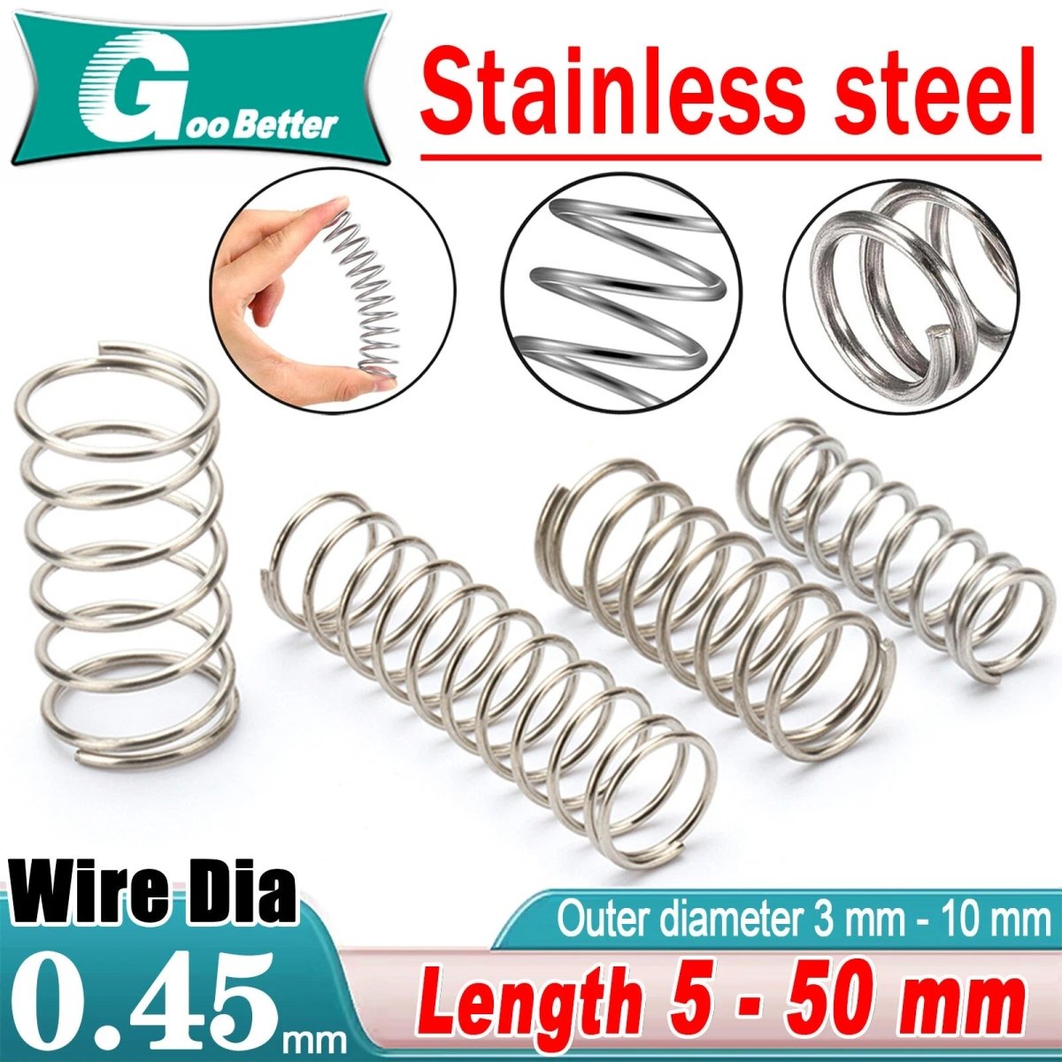 304 COMPRESSION SPRING WIRE DIAMETER 0.45 MM, ALL INNER DIA,OUTER DIA AND LENGTH - HomeDIYer