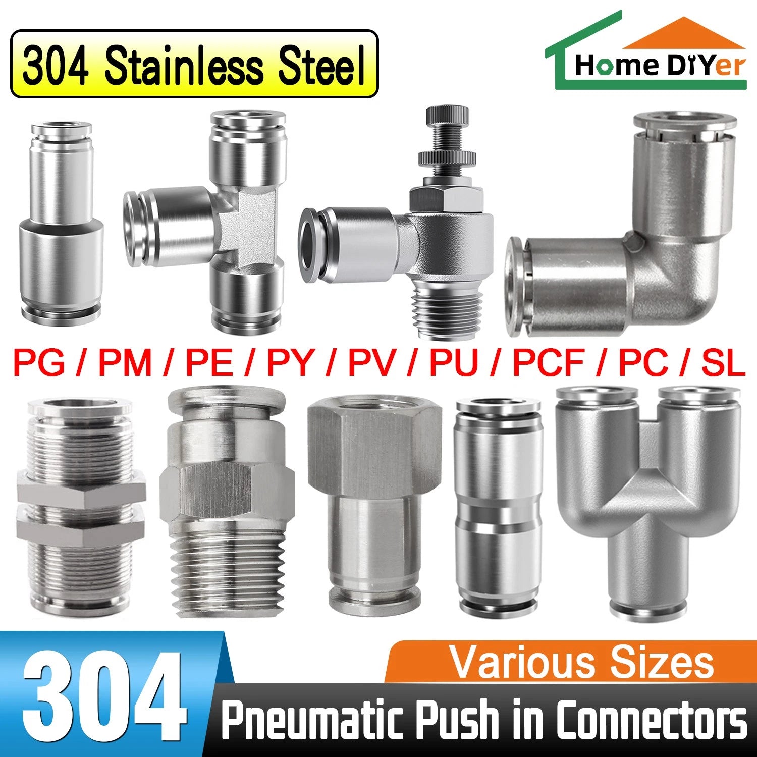 A2 Stainless Steel Pneumatic Push-in Fittings — All Types, 4–16mm