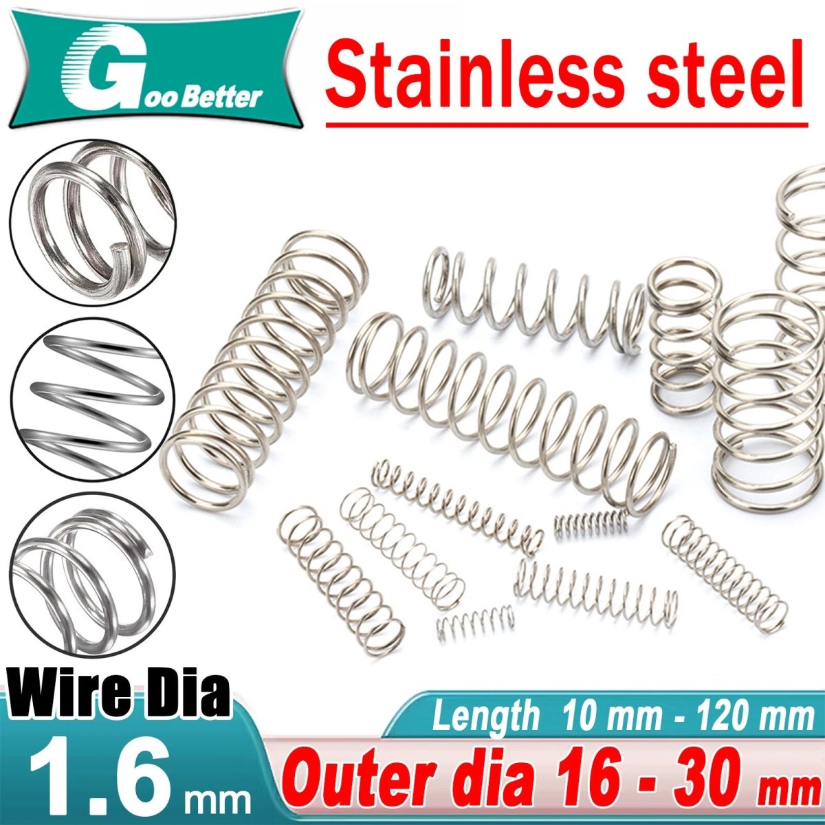 Stainless steel Small Compression Springs Wire Dia 1.6mm OD 16mm - 30mm L:10 - 120mm - HomeDIYer