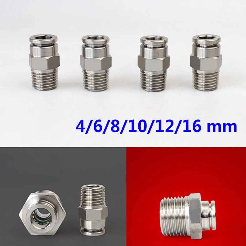 Stainless Steel 304 Push-In Straight Fitting — PT Male Thread x Hose Barb Adapter (4mm–16mm OD)