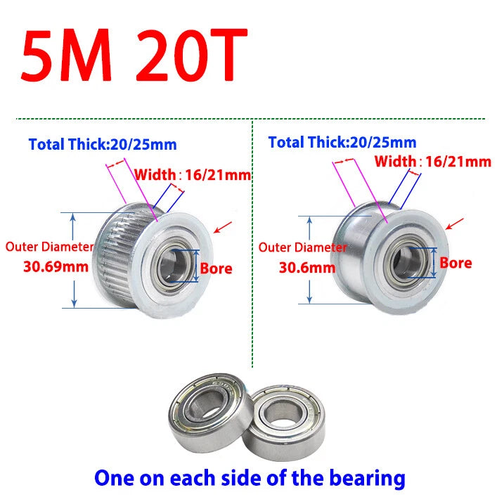 5M Timing Belt Smooth Tooth Idler Drive Pulley  20T Width 11/16/21/27 Bore 5-15M