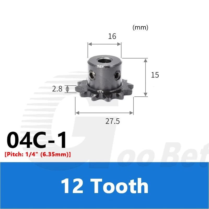 200X 25H 04C 1/4" Pitch Roller Chain Sprocket C45 Steel 12 Tooth 10mm Bore Black